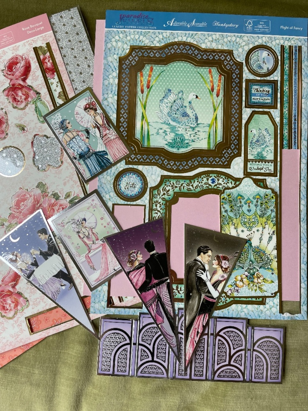 100+ Piece Lot of Glitter Patterned Papers, Ephemera, Ribbon and Fabric Flowers